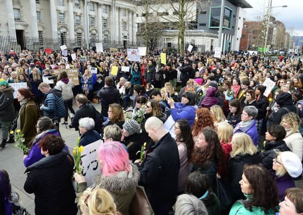 A rally outside the courts in Belfast after the rape trial verdict of the Ulster Rugby players. There have since been protests across Ireland. Some people seem to be protesting at a legal outcome that did not please them. 
Photo Pacemaker Press