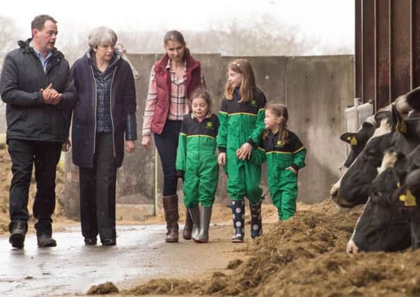 Prime Minister Theresa May is shown around Fairview Farm in Bangor by owners Stephen and Susanne Jackson and their three daughters Hannah, Abbie and Emily