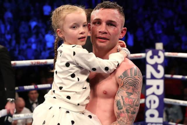 Carl Frampton with his daughter after defeating Horacio Garcia in a Featherweight Contest at the SSE Arena, Belfast. Press Eye - Belfast -  Northern Ireland - 18th November 2017 - Photo by William Cherry/Presseye