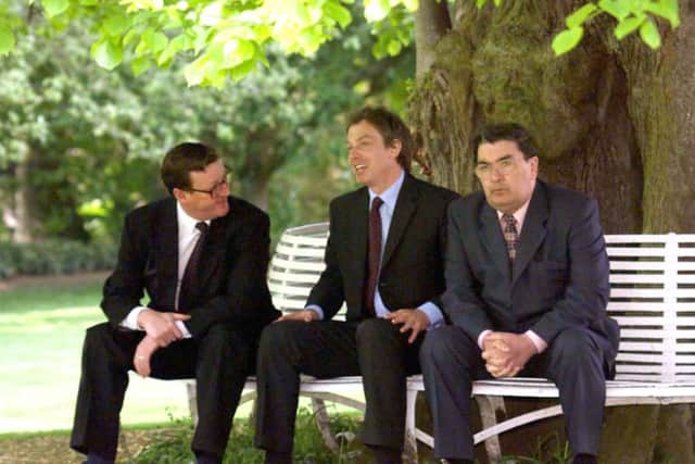 Prime Minister Tony Blair (centre) with Ulster Unionist Party leader David Trimble (left) and Social Democratic Party leader John Hume on the last day of campaigning for a Yes vote in the Northern Ireland Referendum in 1998