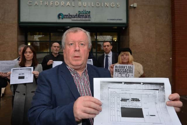 Robert McClenaghan campaigning with family members of those murdered in the 1971 McGurks Bar bombing, attend a meeting with the Police Ombudsman's Office to present new evidence on the atrocity.

Photo Colm Lenaghan/Pacemaker Press