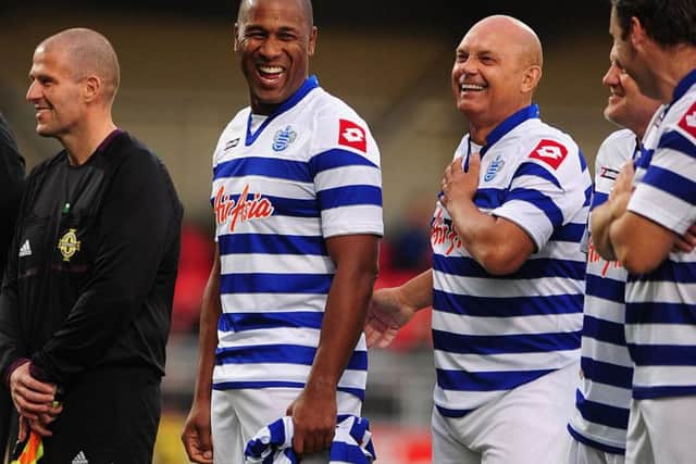 Ray Wilkins shares a joke with Les Ferdinand at the NI Legends v QPR Legends match in memory of Alan McDonald in 2012
