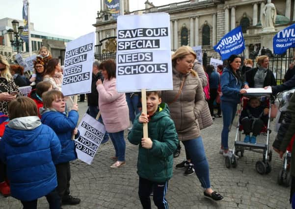 A protest to save special needs schools at Belfast City Hall last week