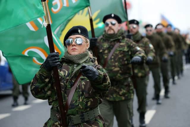 A paramilitary-style march in Belfast, organised by republican group Saoradh. The event was listed by the Parades Commission. Picture Press Eye
