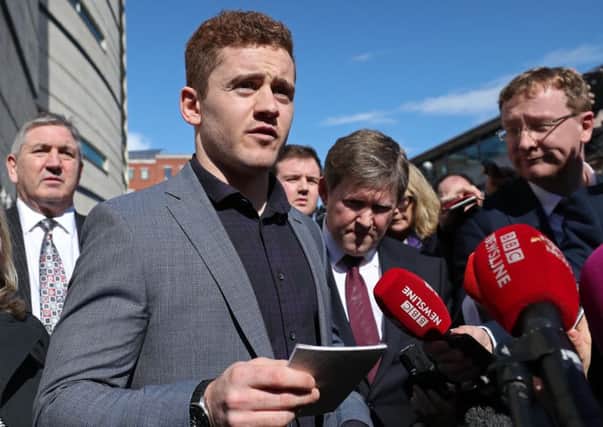 Ireland and Ulster rugby player Paddy Jackson speaking outside Belfast Crown Court after he was found not guilty of raping a woman at a property in south Belfast in June 2016. PRESS ASSOCIATION Photo. Picture date: Wednesday March 28, 2018. See PA story ULSTER Rugby. Photo credit should read: Niall Carson/PA Wire