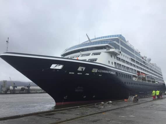 The Azamara Pursuit docking at Harland and Wolff shipyards ahead of undergoing a major refit at the Belfast docks