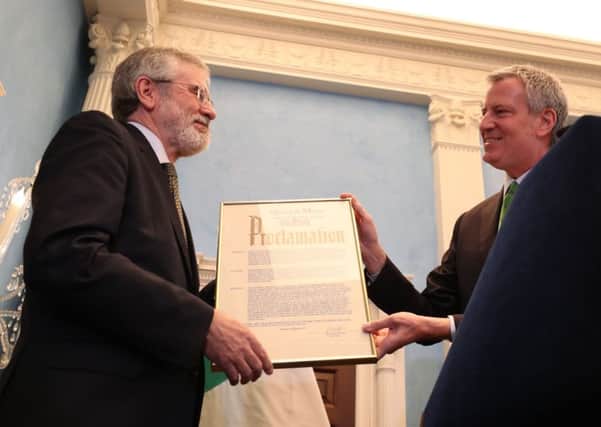New York City Mayor Bill de Blasio honours Gerry Adams (left) at a St Patrick's Day breakfast event at Gracie Mansion in New York. Photo: Niall Carson/PA Wire