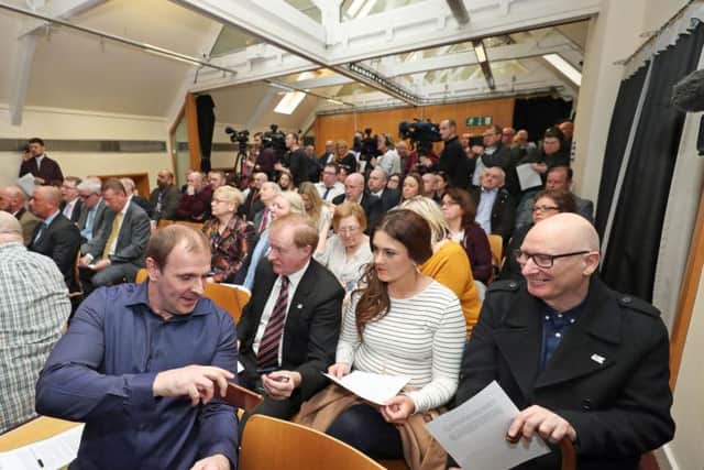 PUP members Winston Irivine, Julie Anne Corr-Johnston and Billy Hutchenson attend a press conference at Linenhall Library, Belfast, where a Loyalist Declaration of Transformation was announced.