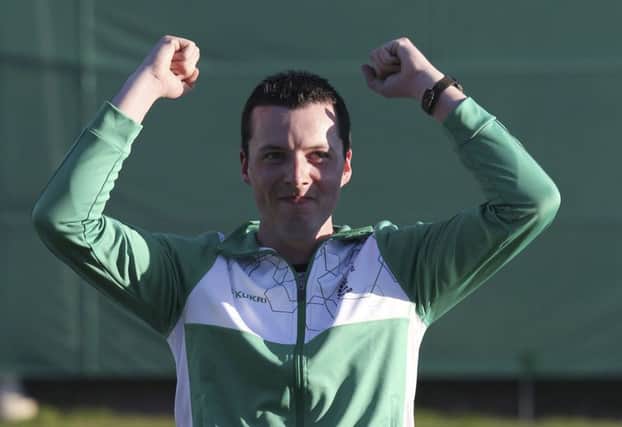 Gareth McAuley of Northern Ireland wins the bronze medal in the men's Skeet final at the Belmont Shooting Centre during the 2018 Commonwealth Games in Brisbane, Australia, Monday, April 9, 2018. (AP Photo/Tertius Pickard)