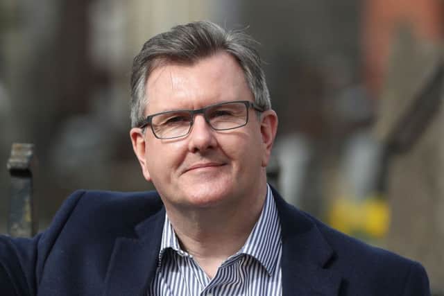 Lagan Valley DUP MP Sir Jeffrey Donaldson outside Dromore Cathedral in County Down