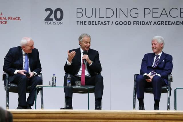 Former taoiseach Bertie Ahern, former Prime Minister Tony Blair and former US President Bill Clinton at an event to mark the 20th anniversary of the Good Friday Agreement, at Queen's University in Belfast