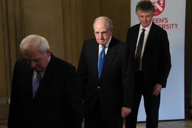 (left to right) Former taoiseach Bertie Ahern, Senator George Mitchell and Jonathan Powell during an event to mark the 20th anniversary of the Good Friday Agreement, at Queen's University in Belfast.
