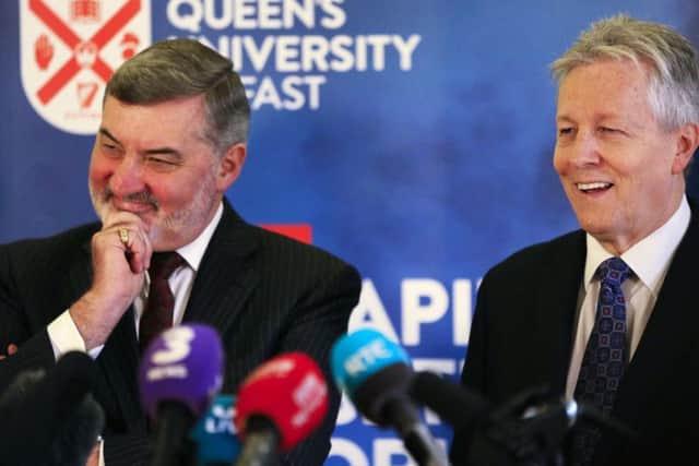 Lord John Alderdice (left) and Peter Robinson during an event to mark the 20th anniversary of the Good Friday Agreement, at Queen's University in Belfast.