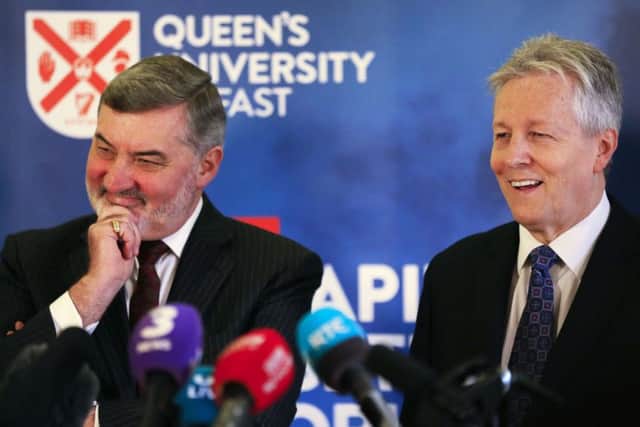 Lord John Alderdice (left) and Peter Robinson during an event to mark the 20th anniversary of the Good Friday Agreement, at Queen's University in Belfast: Tuesday April 10, 2018.