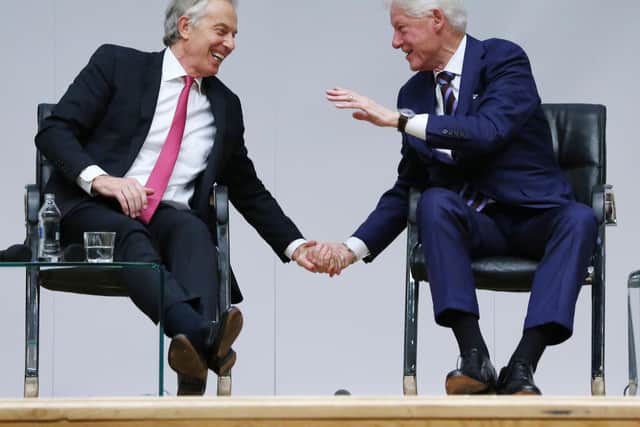 Former Prime Minister Tony Blair and former US President Bill Clinton at an event to mark the 20th anniversary of the Good Friday Agreement, at Queen's University in Belfast