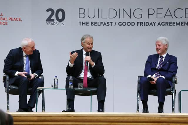 (left to right) Former taoiseach Bertie Ahern, former Prime Minister Tony Blair and former US President Bill Clinton at an event to mark the 20th anniversary of the Good Friday Agreement, at Queen's University in Belfast