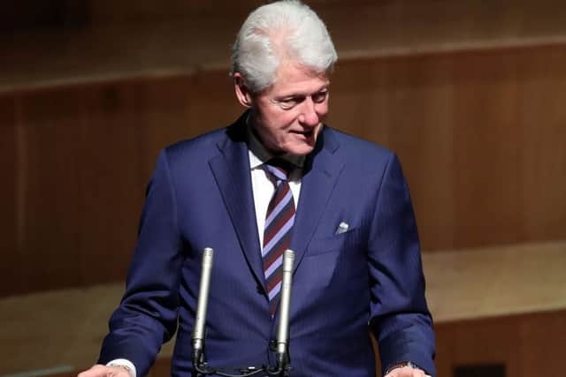 US President Bill Clinton speaking after he received the Freedom of the City of Belfast at a ceremony in Ulster Hall