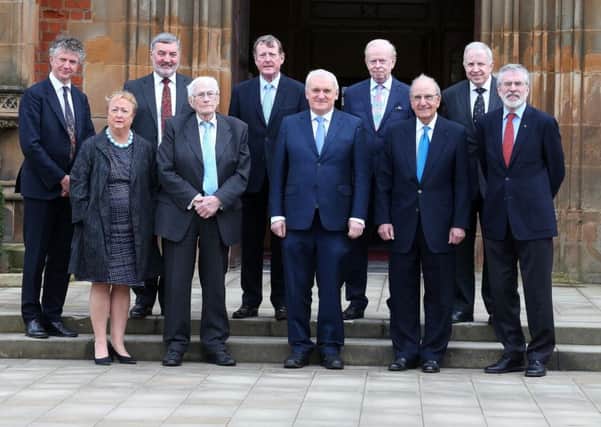 Some of the key people who negotiated the 1998 Belfast Agreement gather at Queen's University, Belfast, on its 20th anniversary. Back row from left, Jonathan Powell, David Alderdice, David Trimble, Reg Empey, Paul Murphy.
Front row from left: Monica McWillians, Seamus Mallon, Bertie Ahern, George Mitchell, Gerry Adams. Picture Pacemaker