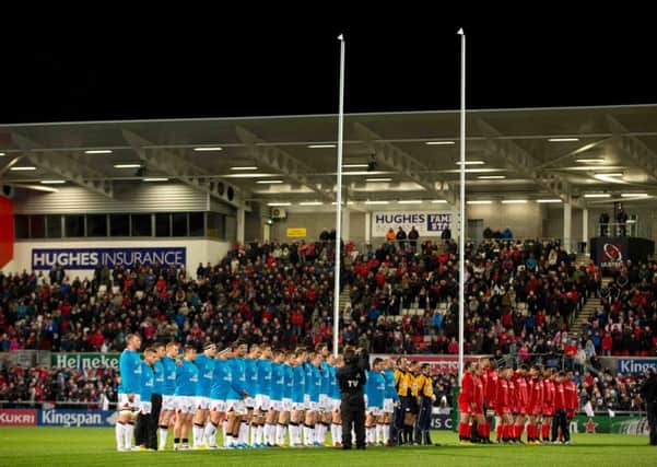 Ulster Rugby team, left, before a game at Kingspan stadium. The players are role models, writes Ken Smyth
