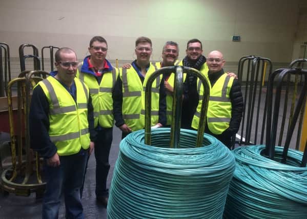 Pictured, left to right, during the tour of the Betafence factory are members of Ballywalter YFC: Andrew Garrett, Christopher Hamilton, Callum Nelson with Peter Hanson, Betafence, Paul Bennington, Betafence, and Sam Boyd, Betafence