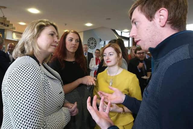 Handout photo issued by the Northern Ireland Office of Northern Ireland Secretary Karen Bradley (centre) hosting a business breakfast event with entrepreneurs at the Titanic Pump House building in Belfast.