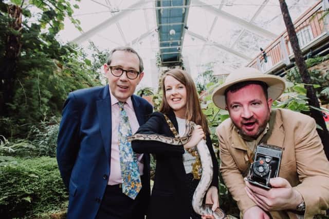 At the official re-opening of Belfast City Councils Tropical Ravine following a Â£3.8 million refurbishment are (l-r) Sir Peter Luff, Chair of the Heritage Lottery Fund, Lord Mayor of Belfast, Councillor Nuala McAllister and Victorian botanist Ernest Henry Wilson (actor Jason Parks).