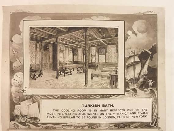 Undated handout photo issued by Henry Aldridge and Son of a page from a publicity booklet for the R.M.S. Titanic, containing sepia plates of the liner's first class areas, which is expected to fetch up to 8,000 at auction on April 21