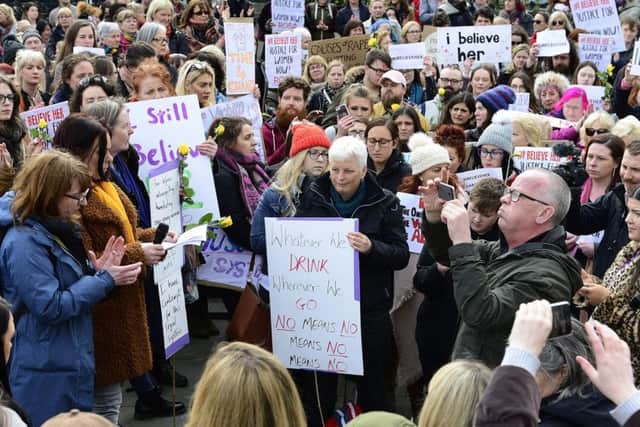 A rally held in Belfast on March 29 following the not guilty rape verdict on the Ulster Rugby players