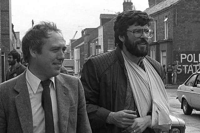 Danny Morrison pictured with Gerry Adams, west Belfast, 1984