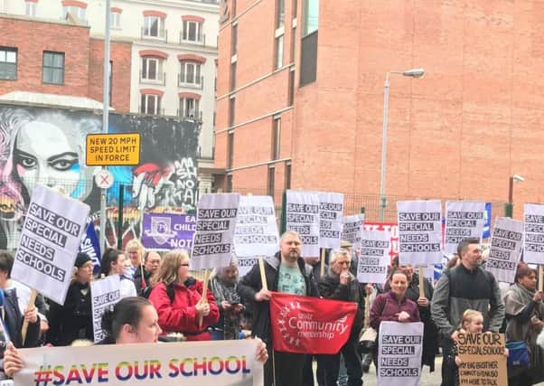 Image of protest at Education Authority's headquarters in Belfast's Cathedral Quarter on Thursday