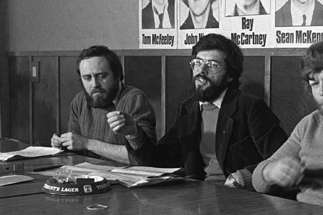 Danny Morrison at a Sinn Fein press conference with Gerry Adams in 1980. Picture Pacemaker