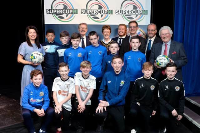 Representatives from the different teams, Ulster University, local councils and SuperCupNI pictured at Thursday night's Supercup NI Under-13 tournament draw, which makes its debut at this years competition.
Photograph:Stephen Hamilton/Presseye