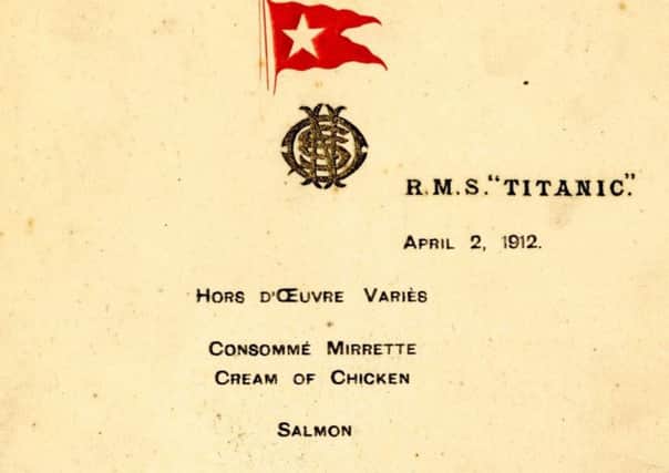 A photo issued by Henry Aldridge and Son of a menu of the first meal ever served on the Titanic which is expected to fetch up to Â£100,000 at auction.