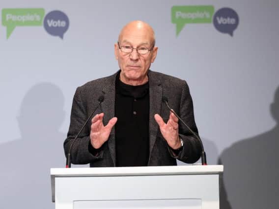 Sir Patrick Stewart addresses the crowd during the People's Vote campaign launch on Brexit at the Electric Ballroom in Camden Town.