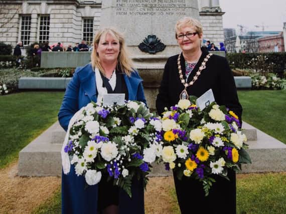Belfast City Council handout photo of Deputy Lord Mayor, Councillor Sonia Copeland and President of the Titanic Society, Susie Millar, prepare to lay wreaths at the Titanic Memorial Service in the Titanic Memorial Garden at Belfast City Hall to remember more than 1,500 people who perished when the RMS Titanic sank in the early hours of 15 April, 1912 after striking an iceberg