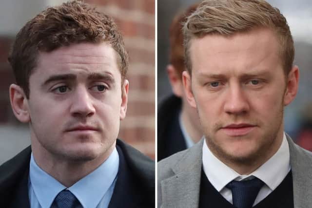 Paddy Jackson (left) and Stuart Olding were sacked after a review by the IRFU and Ulster Rugby