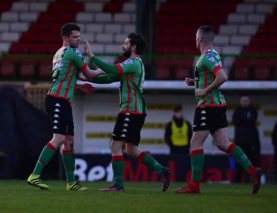 James Ferrin scored the first goal for 
Glentoran during Tuesday evening's game against Dungannon Swifts at the Oval.