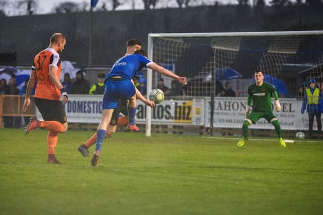 Shane McGinty struck in the first half to give Ballinamallard the lead during Tuesday evening's game against Carrick Rangers at Ferney Park. 
Photo Ronan McGrade/Pacemaker Press