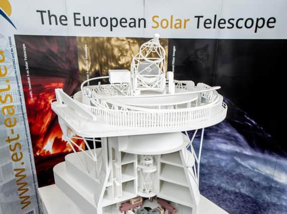 Undated handout photo issued by Queen's University Belfast of a model replica of the new European Solar Telescope, which will be able to investigate the Sun in "unprecedenued" detail, Professor Mihalis Mathioudakis has said