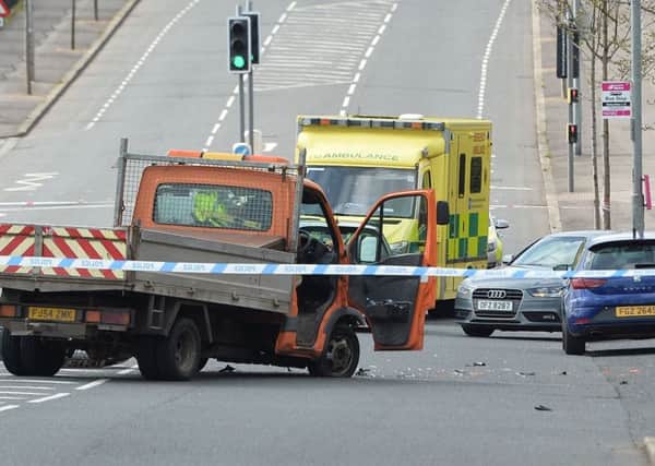 Police at the scene after a serious crash on the Ballysillan Road in north Belfast on Thursday. Pic: Pacemaker