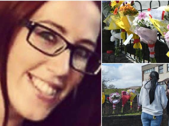 Floral tributes to Lisa Gow (left) in Ballysillian today