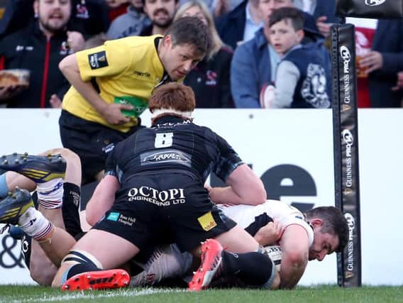 Nick Timoney goes over for a try for Ulster against Glasgow