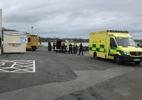 Ambulances at the scene at Ballyronan Marina treating two men after a serious incident on Lough Neagh