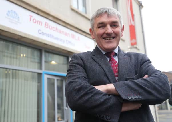 DUP Candidate Tom Buchanan in Omagh canvasing for the upcoming West Tyrone by-election. He will represent the whole community and protect the right to life from conception to death, says an Irish language academic. Photo: Niall Carson/PA Wire