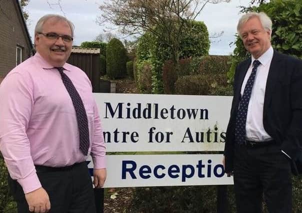 Brexit secretary David Davis pictured in south Armagh with Middletown Centre for Autism chief executive Gary Cooper