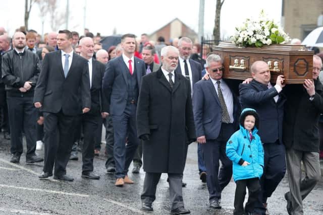 Press Eye - Belfast - Northern Ireland - 24th April 2018

Funeral of Lisa Gow at St Andrew's Church in the Glencairn, west Belfast.  The mother-of-two was knocked down and killed by a stolen car which was being pursued by the police, last Thursday in north Belfast.  

Family and friends follow her coffin as it leaves the church after the funeral service. 

Picture by Jonathan Porter/PressEye