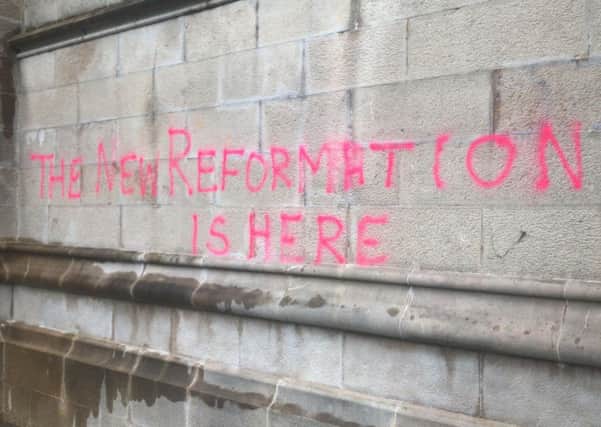 Some of the apparently pro-life graffiti at St Patricks Cathedral Armagh ahead of the Republic's forthcoming referendum on abortion next month.

Photo: Pacemaker