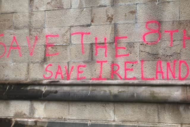 Some of the apparently pro-life graffiti at St Patricks Cathedral Armagh ahead of the Republic's forthcoming referendum on abortion next month.

Photo: Pacemaker