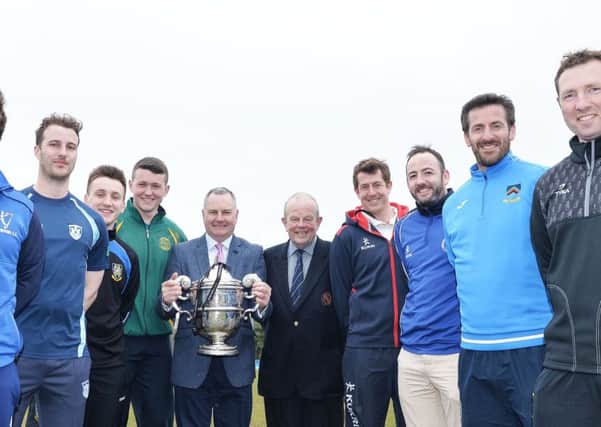 Representatives of all eight NCU Premier League clubs at the launch of the Robinson Services Premier League. From left are: Harry Boyd (Armagh), Michael Gilmour (Carrickfergus), John Matchett (CIYMS), Peter Davison (North Down), David Robinson (managing director Robinson Services), Richard Johnson (NCU Vice President), Greg Thompson (Waringstown), Neil Gill (Muckamore), James Kennedy (CSNI), Andrew White (Instonians). PIcture: Rowland White