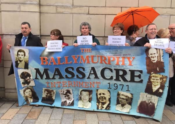 Families of those killed in Ballymurphy in 1971 protest outside Belfasts Royal Courts of Justice ahead of the preliminary hearing